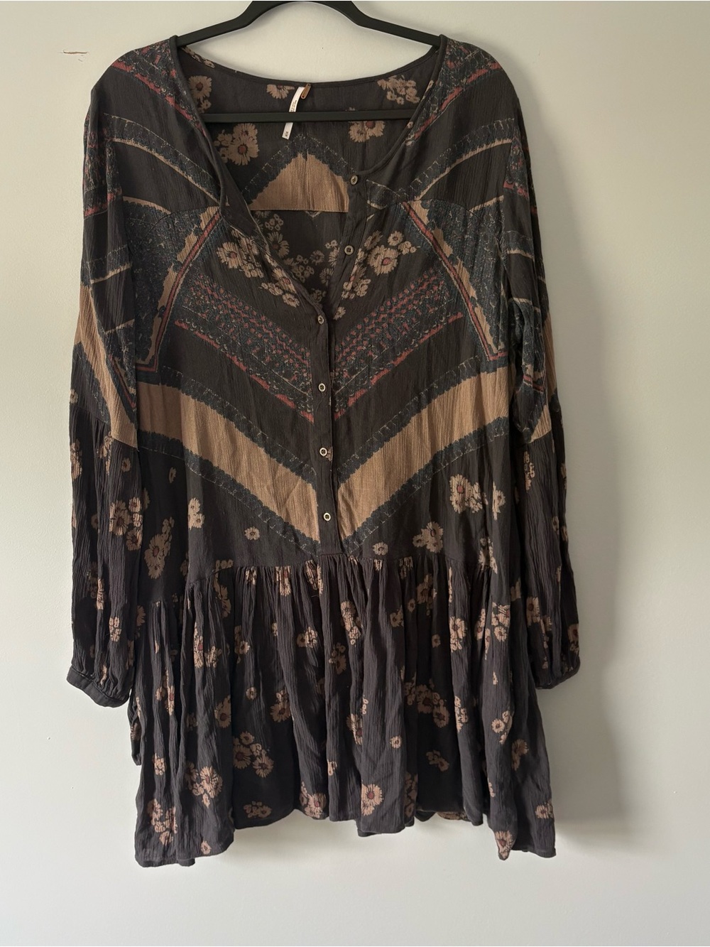 Floral Boho Tunic Top - Charcoal with Taupe Flowers